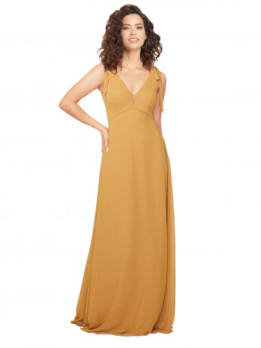 Site de Comprimento Chão Sem Mangas Chiffon Açafrão Linha A Sem Mangas Longo Decote V Vestidos de Madrinha