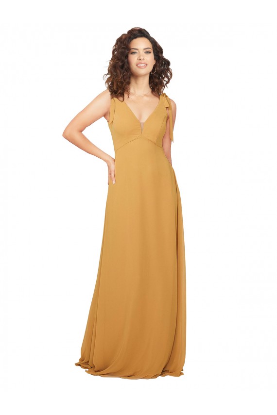 Site de Comprimento Chão Sem Mangas Chiffon Açafrão Linha A Sem Mangas Longo Decote V Vestidos de Madrinha