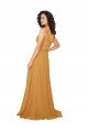 Site de Comprimento Chão Sem Mangas Chiffon Açafrão Linha A Sem Mangas Longo Decote V Vestidos de Madrinha