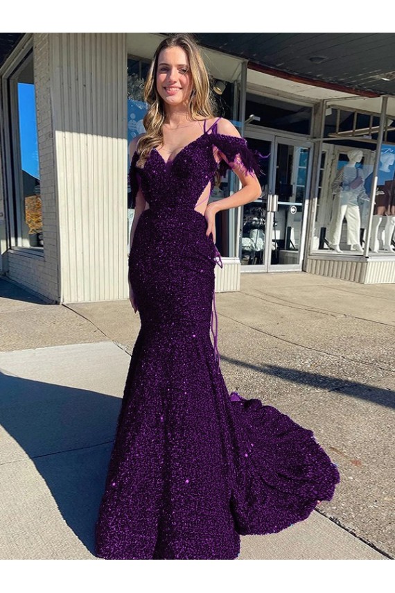 Site de Comboio Corte Sem Mangas Lantejoulas Veludo Ameixa Roxa Bainha Vestidos de Festa