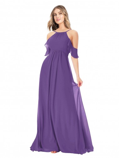 Site de Comprimento Chão Ombro Frio Chiffon Ameixa Roxa Linha A Vestidos de Madrinha