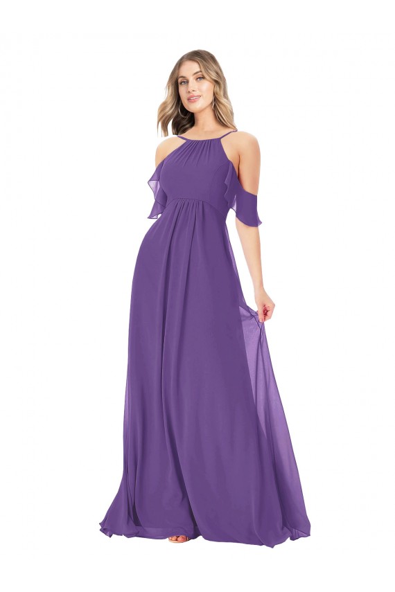 Site de Comprimento Chão Ombro Frio Chiffon Ameixa Roxa Linha A Vestidos de Madrinha