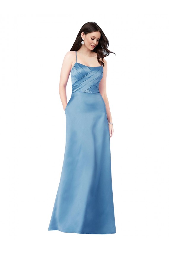 Site de Comprimento Chão Sem Mangas Cetim Azul Celeste Bainha Vestidos de Madrinha / Vestidos de Noite / Vestidos de Festa