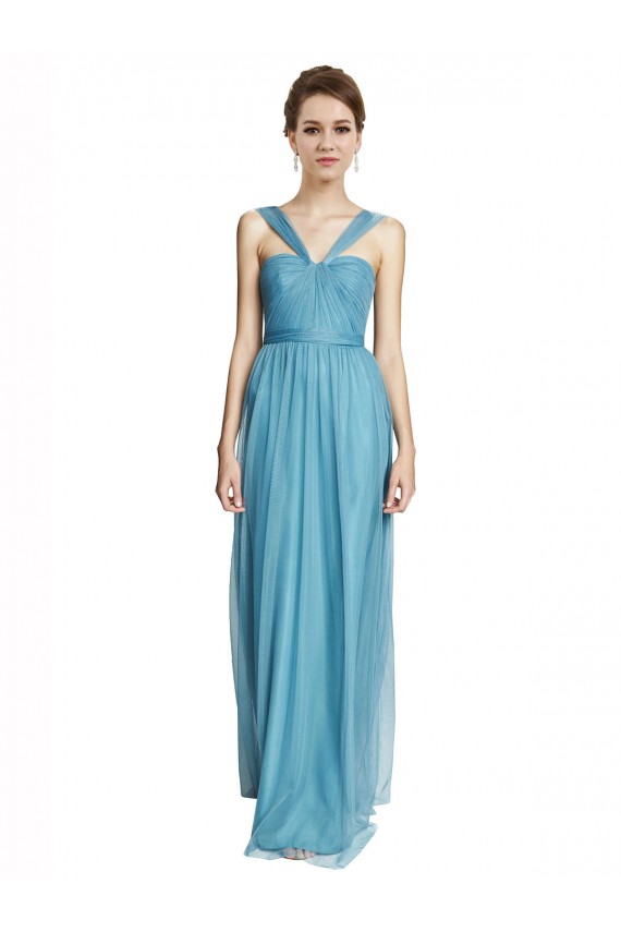 Site de Comprimento Chão Sem Mangas Tule Azul Celeste Linha A Vestidos de Madrinha