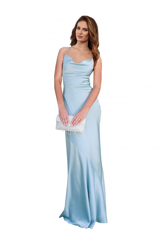 Site de Comprimento Chão Sem Mangas Cetim Sedoso Azul Céu Claro Bainha Vestidos de Madrinha / Vestidos de Noite / Vestidos de Festa