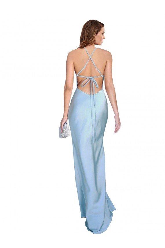 Site de Comprimento Chão Sem Mangas Cetim Sedoso Azul Céu Claro Bainha Vestidos de Madrinha / Vestidos de Noite / Vestidos de Festa