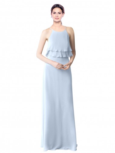 Site de Comprimento Chão Sem Mangas Chiffon Azul Céu Claro Linha A Vestidos de Festa