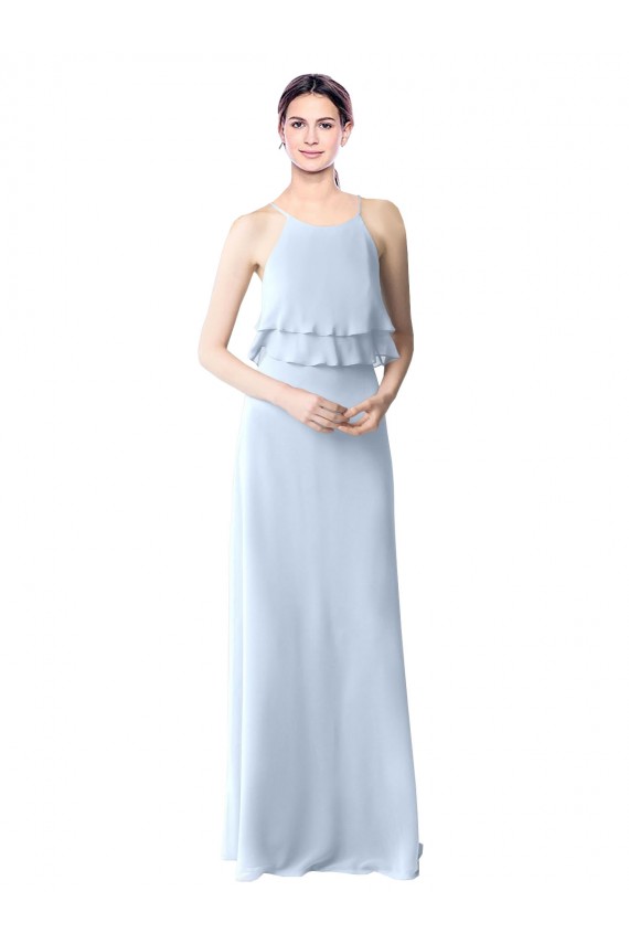 Site de Comprimento Chão Sem Mangas Chiffon Azul Céu Claro Linha A Vestidos de Festa