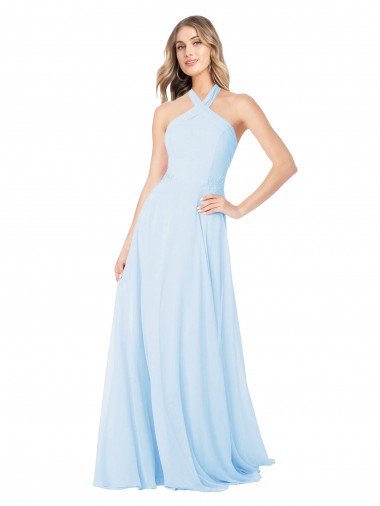 Site de Comprimento Chão Sem Mangas Chiffon Azul Céu Claro Linha A Vestidos de Madrinha