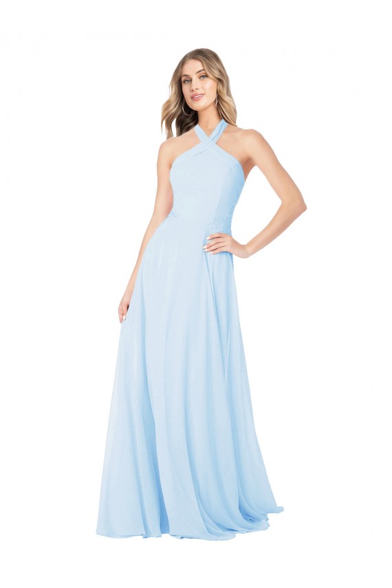 Site de Comprimento Chão Sem Mangas Chiffon Azul Céu Claro Linha A Vestidos de Madrinha