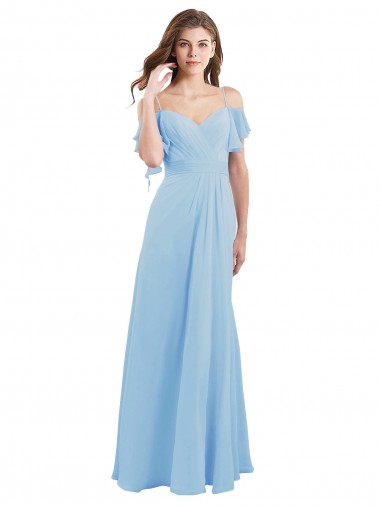 Site de Comprimento Chão Ombro Frio Chiffon Azul Céu Claro Linha A Ombro Frio Vestidos de Madrinha