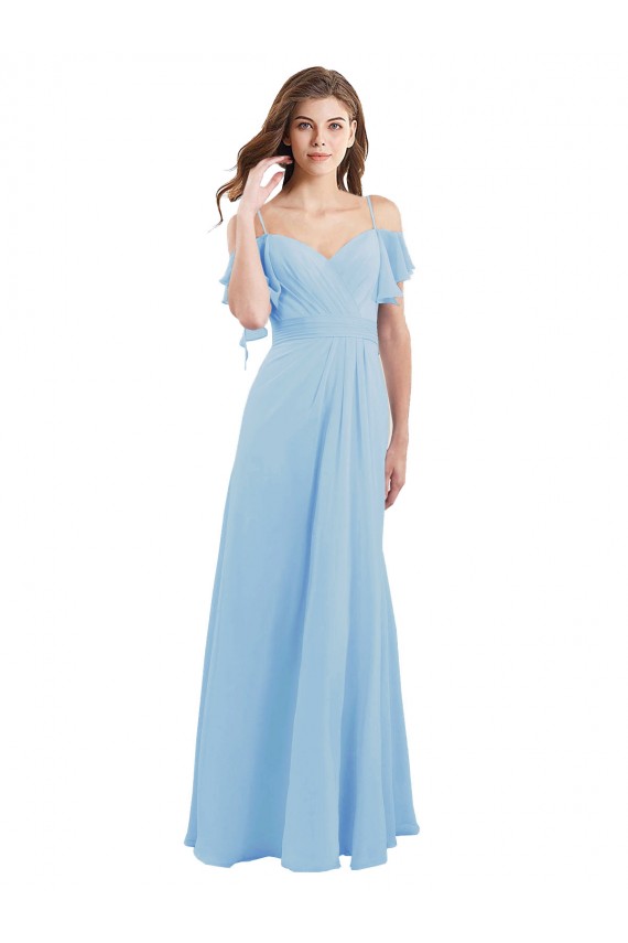 Site de Comprimento Chão Ombro Frio Chiffon Azul Céu Claro Linha A Ombro Frio Vestidos de Madrinha