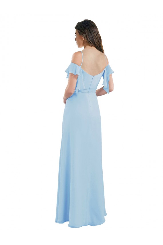 Site de Comprimento Chão Ombro Frio Chiffon Azul Céu Claro Linha A Ombro Frio Vestidos de Madrinha