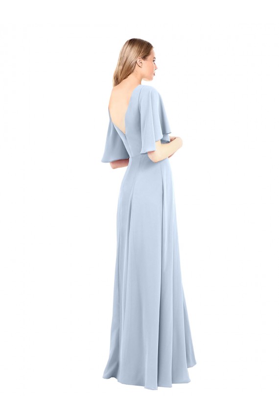 Site de Comprimento Chão Mangas Esvoaçantes Chiffon Azul Céu Claro Linha A Mangas Esvoaçantes Decote V Vestidos de Madrinha