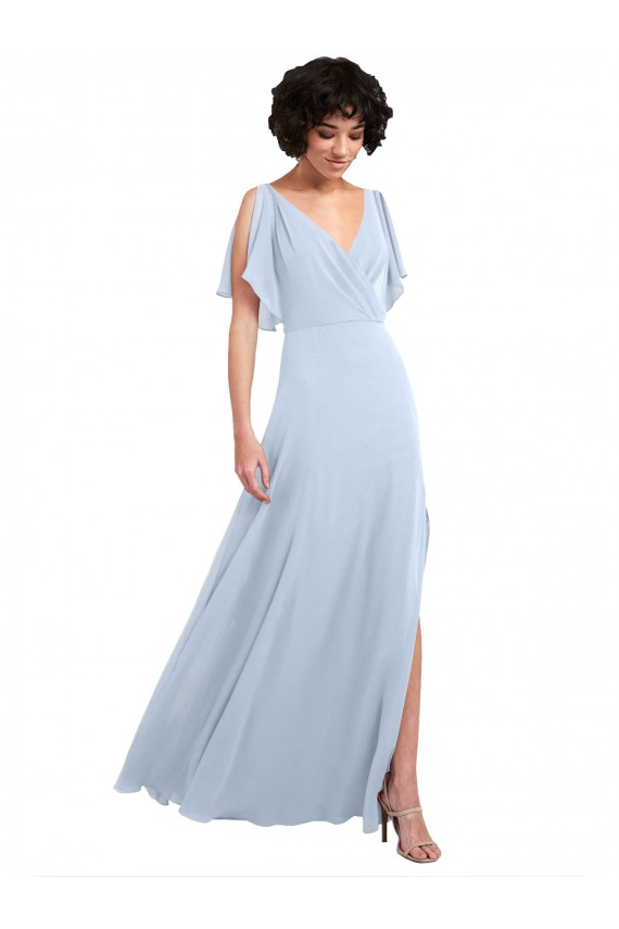 Site de Comprimento Chão Mangas Esvoaçantes, Mangas Divididas Chiffon Azul Céu Claro Linha A Vestidos de Madrinha