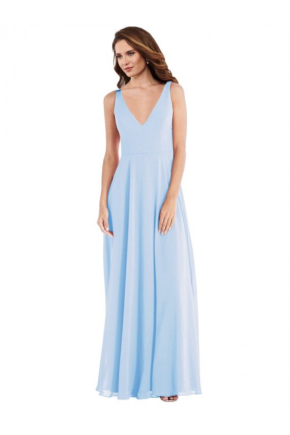 Site de Comprimento Chão Sem Mangas Chiffon Azul Céu Claro Linha A Sem Mangas Decote V Vestido de Madrinha