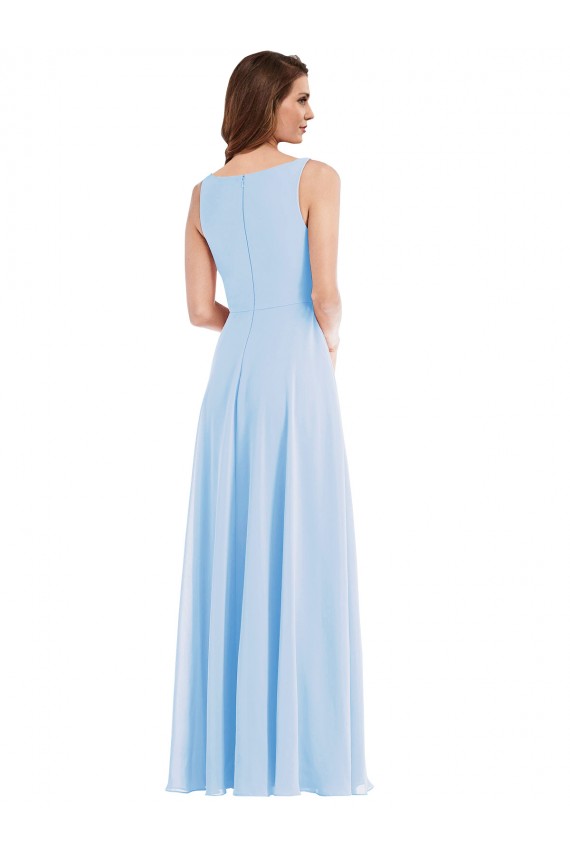 Site de Comprimento Chão Sem Mangas Chiffon Azul Céu Claro Linha A Sem Mangas Decote V Vestido de Madrinha