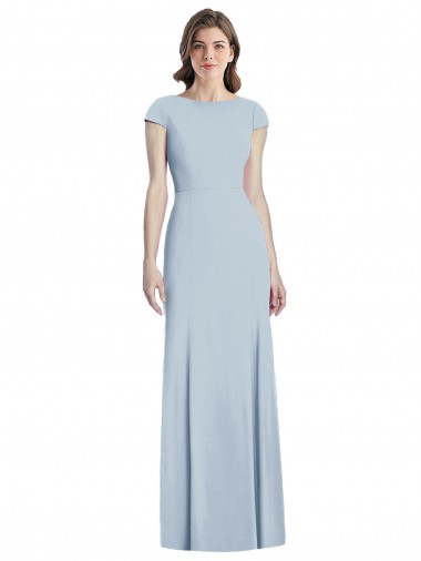 Site de Comprimento Chão Mangas Curtas Crepe Esticado Azul Céu Claro Trombeta Vestidos de Madrinha / Vestidos de Festa