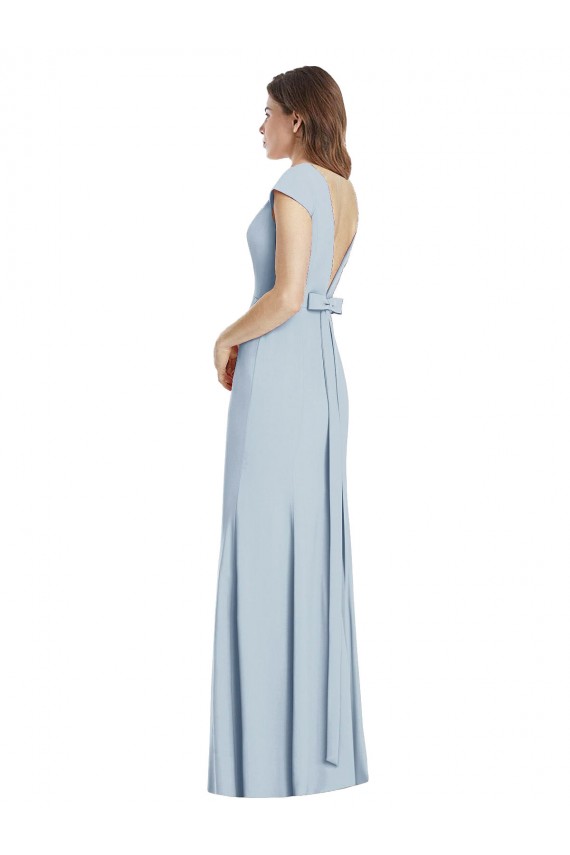 Site de Comprimento Chão Mangas Curtas Crepe Esticado Azul Céu Claro Trombeta Vestidos de Madrinha / Vestidos de Festa