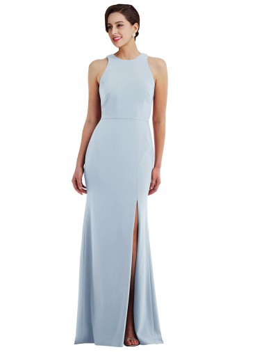 Site de Comprimento Chão Sem Mangas Crepe Esticado Azul Céu Claro Trombeta Sem Mangas Decote Joia Vestidos de Madrinha / Vestidos de Noite / Vestidos de Festa