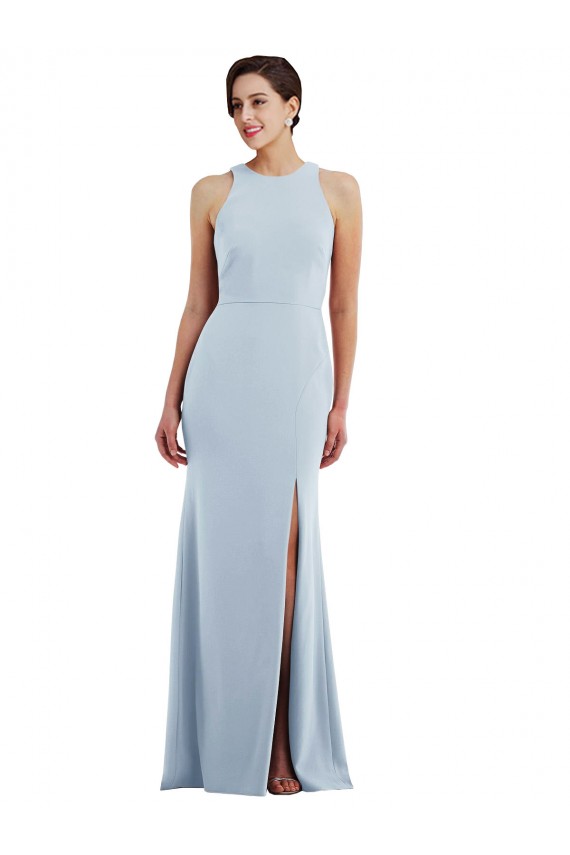 Site de Comprimento Chão Sem Mangas Crepe Esticado Azul Céu Claro Trombeta Sem Mangas Decote Joia Vestidos de Madrinha / Vestidos de Noite / Vestidos de Festa