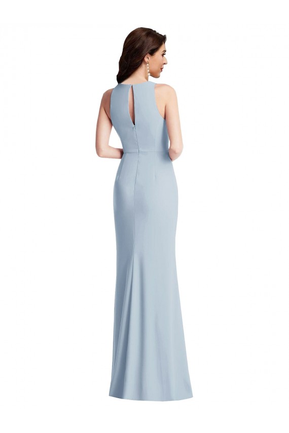 Site de Comprimento Chão Sem Mangas Crepe Esticado Azul Céu Claro Trombeta Sem Mangas Cabeçada Vestidos de Madrinha / Vestidos de Festa