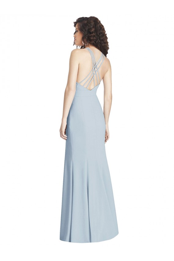 Site de Comprimento Chão Sem Mangas Crepe Esticado Azul Céu Claro Trombeta Sem Mangas Longo Cabeçada Vestidos de Madrinha / Vestidos de Festa