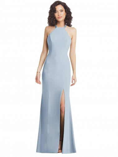 Site de Comprimento Chão Sem Mangas Crepe Esticado Azul Céu Claro Trombeta Sem Mangas Decote Alto Vestidos de Madrinha / Vestidos de Noite / Vestidos de Festa