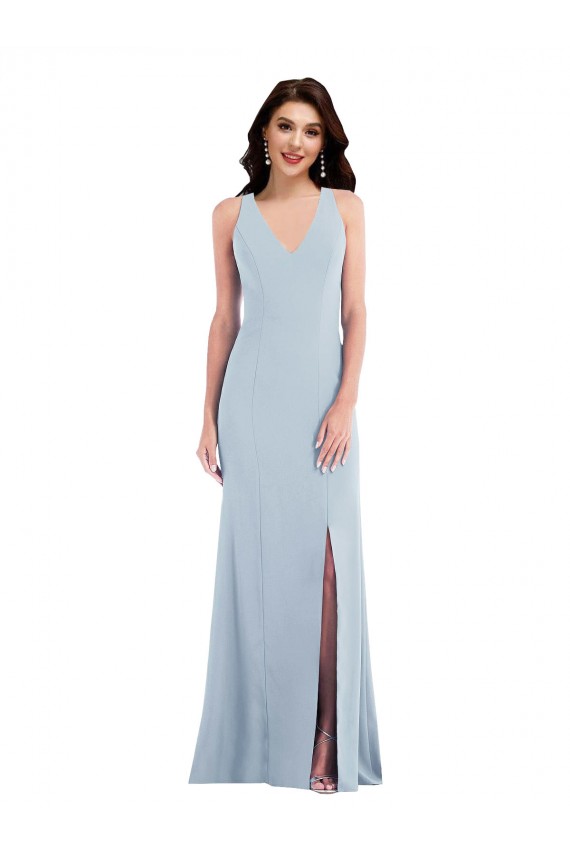 Site de Comprimento Chão Sem Mangas Crepe Esticado Azul Céu Claro Trombeta Sem Mangas Longo Decote V Vestidos de Madrinha / Vestidos de Festa