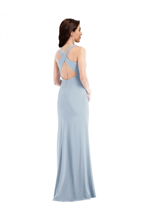 Site de Comprimento Chão Sem Mangas Crepe Esticado Azul Céu Claro Trombeta Sem Mangas Longo Decote V Vestidos de Madrinha / Vestidos de Festa