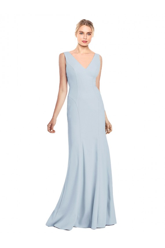Site de Comprimento Chão Sem Mangas Crepe Esticado Azul Céu Claro Trombeta Sem Mangas Decote V Vestidos de Madrinha / Vestidos de Festa
