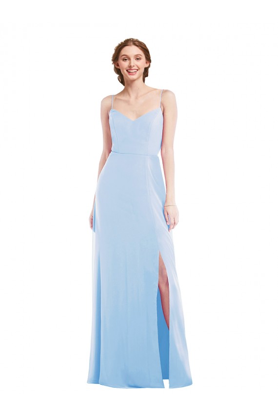 Site de Comprimento Chão Sem Mangas Chiffon Azul Céu Claro Linha A Vestidos de Madrinha / Vestidos de Noite