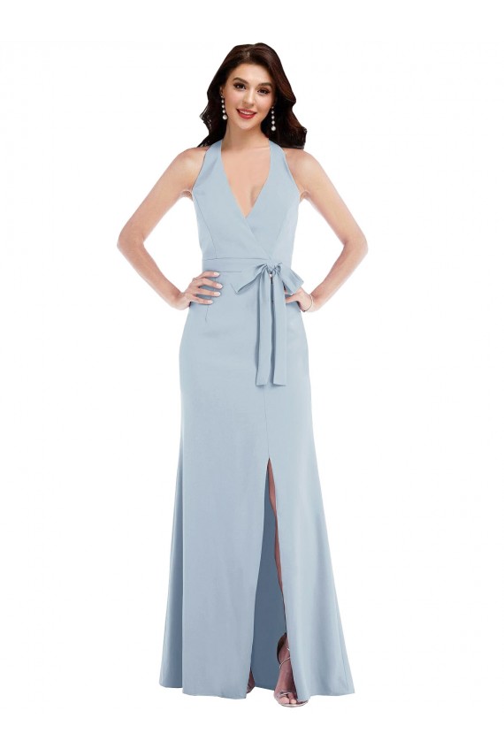 Site de Comprimento Chão Sem Mangas Crepe Esticado Azul Céu Claro Linha A Vestidos de Madrinha / Vestidos de Noite / Vestidos de Festa