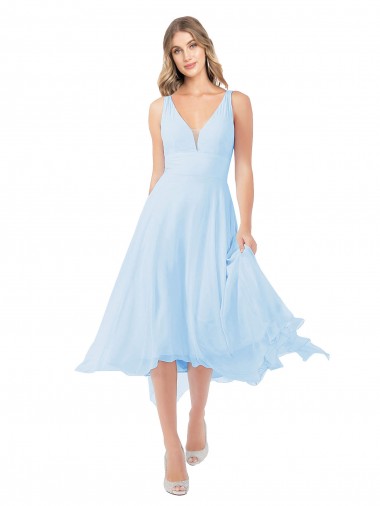 Site de Comprimento Midi Sem Mangas Chiffon Azul Céu Claro Linha A Vestidos de Madrinha / Vestidos de Cocktail / Vestidos de Homecoming