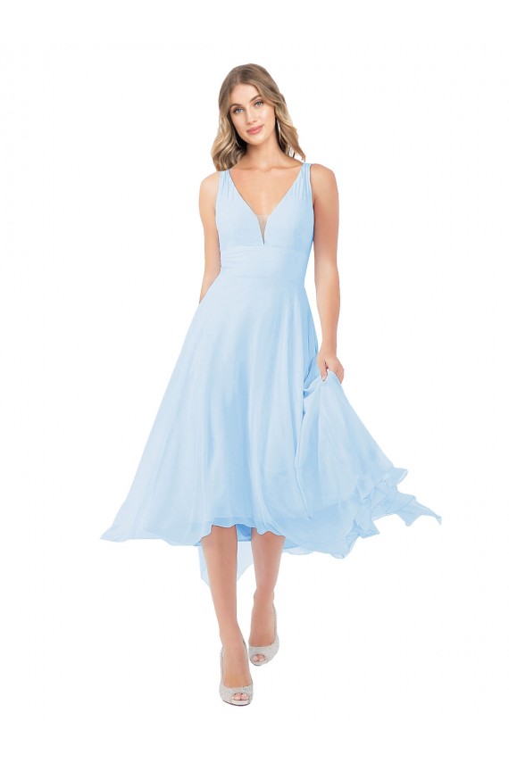 Site de Comprimento Midi Sem Mangas Chiffon Azul Céu Claro Linha A Vestidos de Madrinha / Vestidos de Cocktail / Vestidos de Homecoming