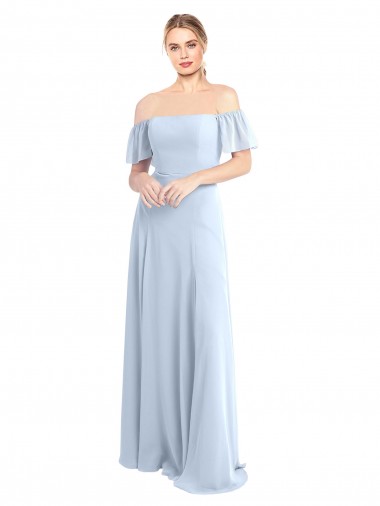 Site de Comprimento Chão Mangas Esvoaçantes Chiffon Azul Céu Claro Linha A Mangas Esvoaçantes Fora do Ombro Vestidos de Madrinha