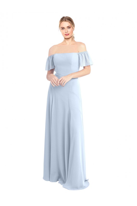 Site de Comprimento Chão Mangas Esvoaçantes Chiffon Azul Céu Claro Linha A Mangas Esvoaçantes Fora do Ombro Vestidos de Madrinha