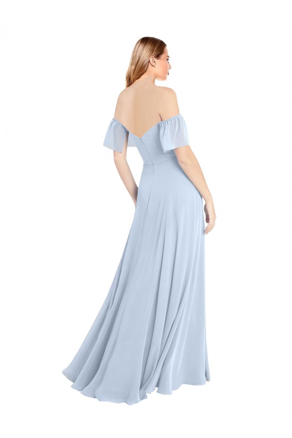 Site de Comprimento Chão Mangas Esvoaçantes Chiffon Azul Céu Claro Linha A Mangas Esvoaçantes Fora do Ombro Vestidos de Madrinha