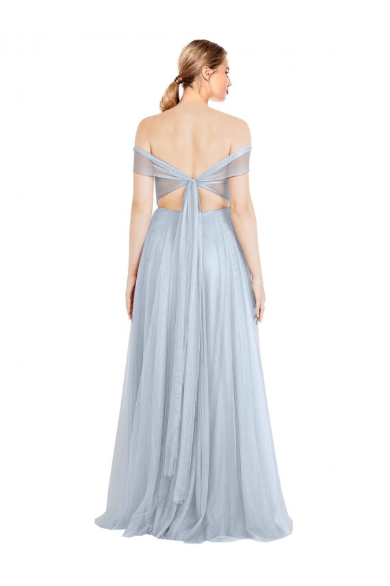 Site de Comprimento Chão Sem Mangas Tule Azul Céu Claro Linha A Sem Mangas Fora do Ombro Vestidos de Madrinha
