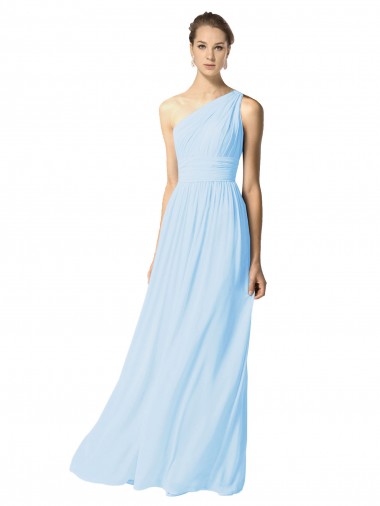 Site de Comprimento Chão Sem Mangas Chiffon Azul Céu Claro Linha A Sem Mangas Um Ombro Vestidos de Madrinha