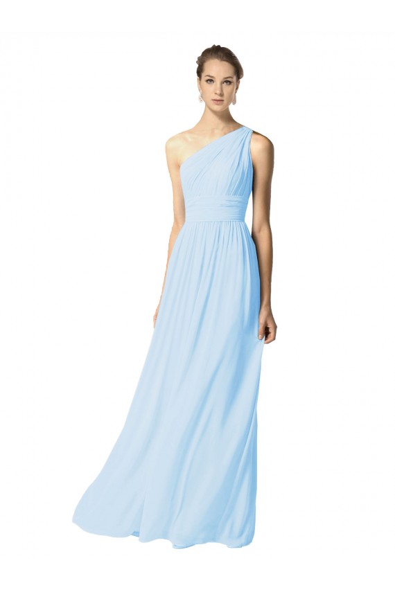 Site de Comprimento Chão Sem Mangas Chiffon Azul Céu Claro Linha A Sem Mangas Um Ombro Vestidos de Madrinha
