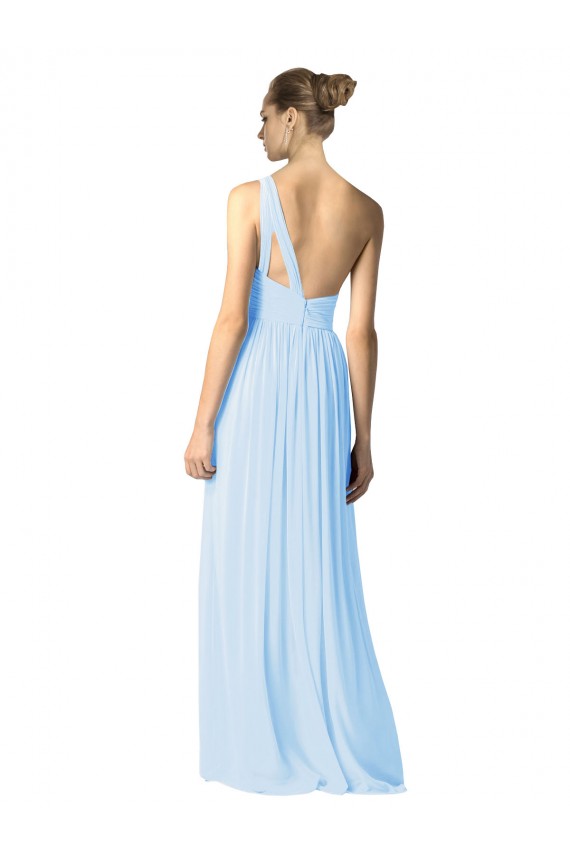 Site de Comprimento Chão Sem Mangas Chiffon Azul Céu Claro Linha A Sem Mangas Um Ombro Vestidos de Madrinha