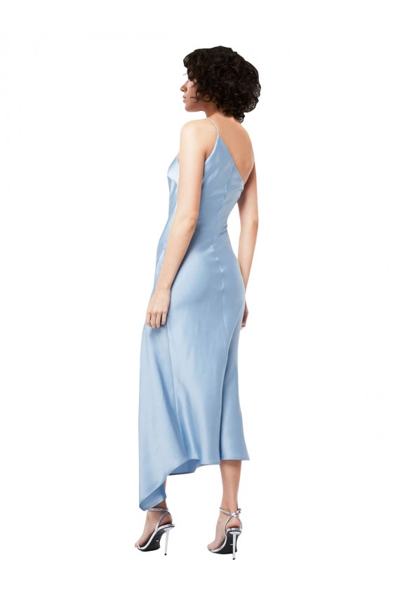 Site de Comprimento Midi Sem Mangas Cetim Sedoso Azul Céu Claro Linha A Vestidos de Madrinha / Vestidos de Noite / Vestidos de Festa