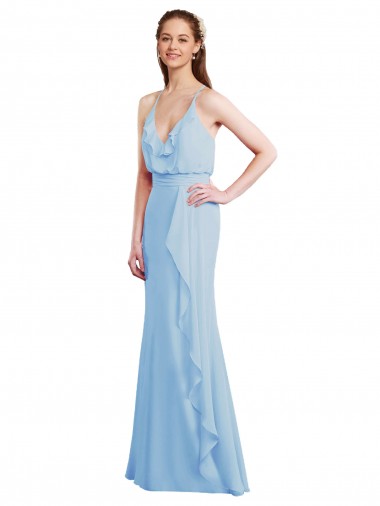 Site de Comprimento Chão Sem Mangas Chiffon Azul Céu Claro Sereia Vestidos de Madrinha