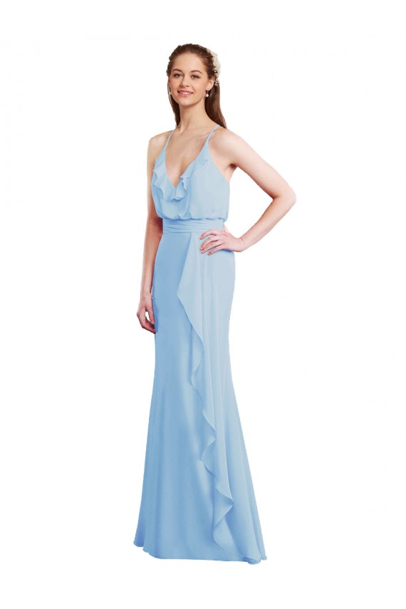 Site de Comprimento Chão Sem Mangas Chiffon Azul Céu Claro Sereia Vestidos de Madrinha
