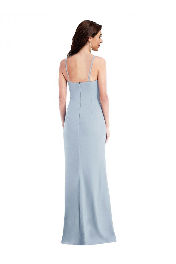 Site de Comprimento Chão Sem Mangas Crepe Esticado Azul Céu Claro Trombeta Sem Mangas Alças finas Vestidos de Madrinha / Vestidos de Noite / Vestidos de Festa