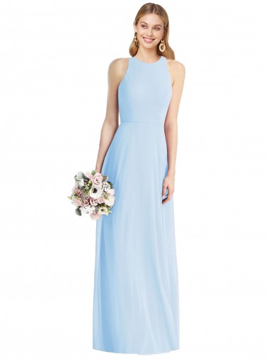 Site de Comprimento Chão Sem Mangas Chiffon Azul Céu Claro Trombeta Vestidos de Madrinha