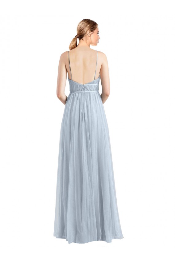 Site de Comprimento Chão Sem Mangas Tule Azul Céu Claro Linha A Sem Mangas Decote V Vestidos de Madrinha