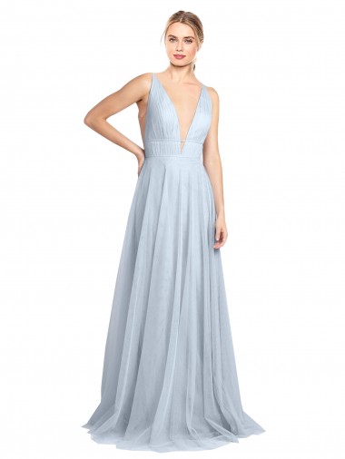 Site de Comprimento Chão Sem Mangas Tule Azul Céu Claro Linha A Vestidos de Madrinha