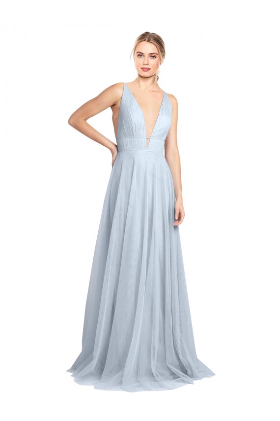 Site de Comprimento Chão Sem Mangas Tule Azul Céu Claro Linha A Vestidos de Madrinha